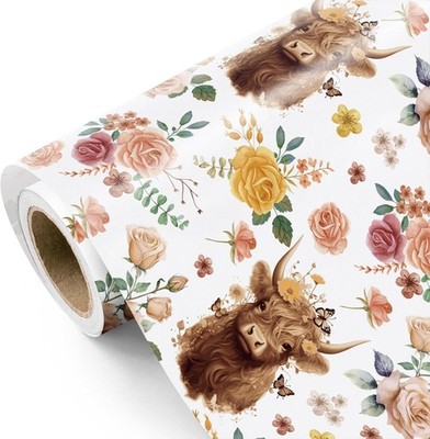 WRAPAHOLIC Highland Cow Wrapping Paper Roll 17 inch x 16.5 feet, 
