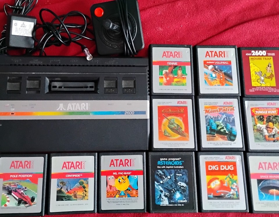 A fully tested, 12-game Atari 2600 Jr. bundle with that iconic rainbow stripe — a plug-and-play time capsule from 1986 that still actually works.