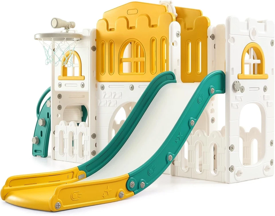 Tobogán para niños pequeños 8 en 1 parque infantil con aro de baloncesto escalador telescopio túnel Foto 3 de 4