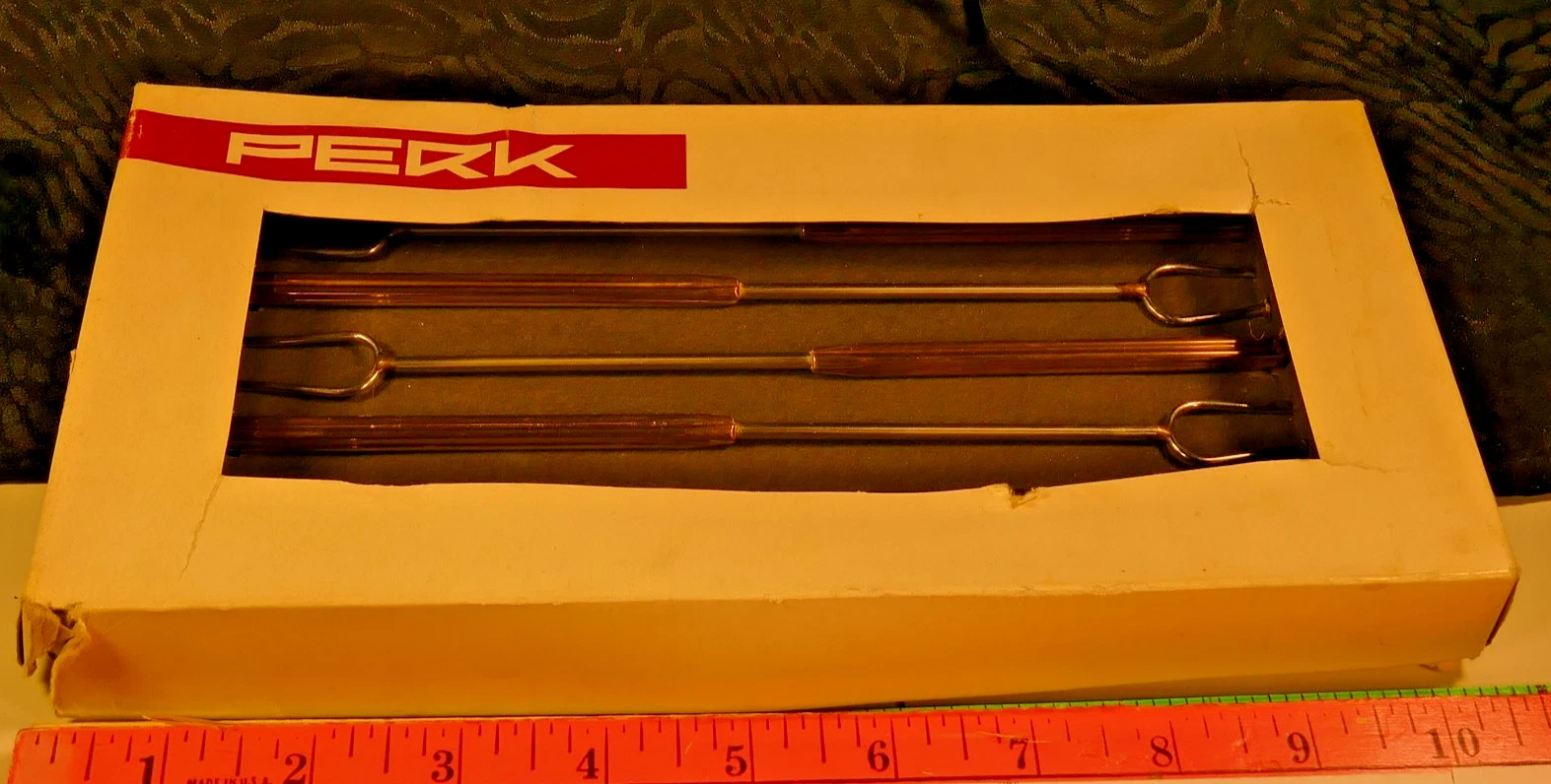 PERK Set 6 FONDUE Forks Brass Stainless QUALITY Swiss Made Vintage MCM 1960's NR
Opens in a new wind