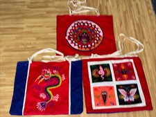 Lot of 3 Vintage Chinese Colorful Embroidered Animal Critter Insect Tote Bags