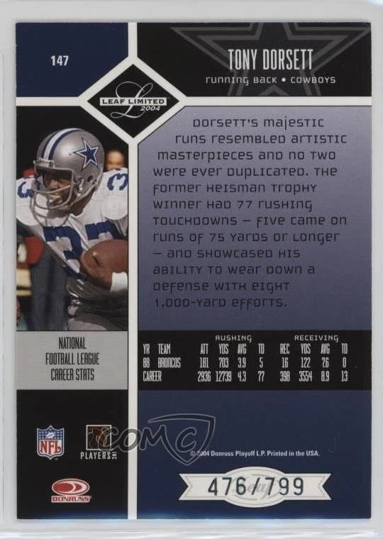 2004 Leaf Limited /799 Tony Dorsett #147 HOF - Image 2 of 2