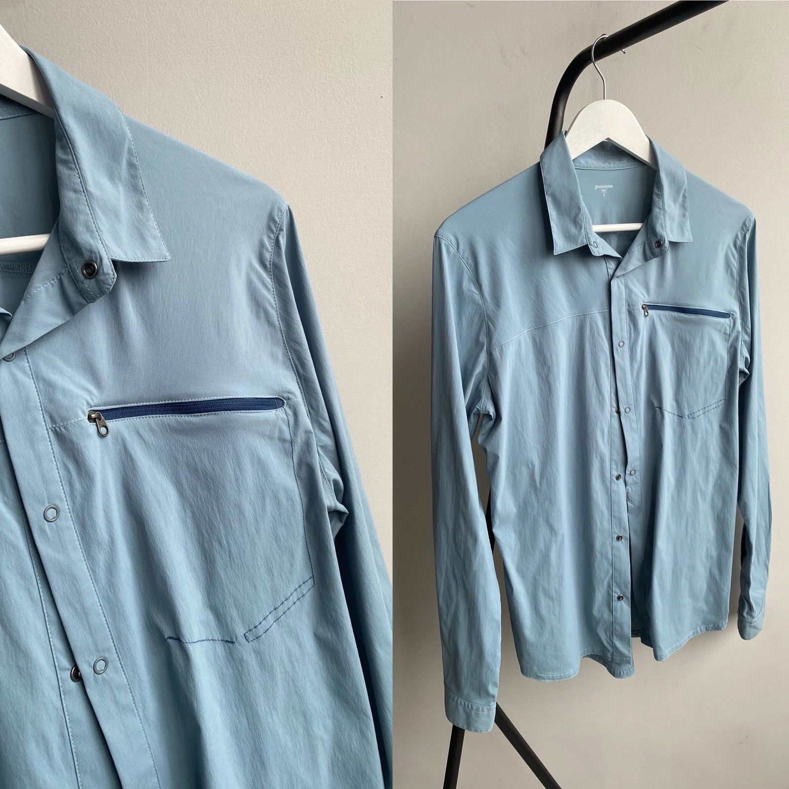 Houdini Waft Men’s Long Sleeve Button Shirt Light Blue Size S Outdoor Hiking