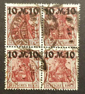 Germany Stamps 1921 Germania Surcharge 10m on 75pf block of 4 Used SG175 MI157 - Image 1 of 2