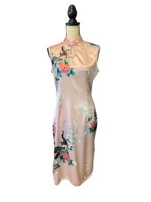 Meng Fu Cheongsam Dress XXL Pink Peacock Floral Mandarin Collar Sleeveless
