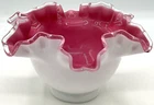 Fenton Cased Art Glass Peach Crest Ruffled Bowl Candy Dish Pink White Crimped