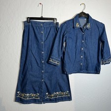Vintage Floral Embroidered Denim Two-Piece Skirt  Jacket. 100 Cotton  