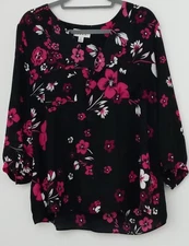 ELLE Blouse Women's Size XL Black Top Sheer Floral Pink Ruffled Pullover Pre-own
