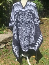 Iconic Mayan Calendar Mexican Poncho Gaban Blue H52