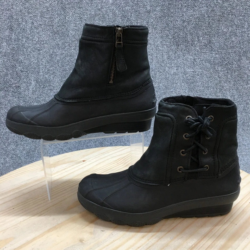 Sperry Saltwater 雨鸭靴女式 7.5 M 25 美分黑色皮革 STS80769 — 第 2/4 张图片