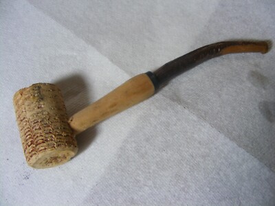 Nice handmade Corncob Smoking Pipe w/ Antler Stem7'' Bent/ unused