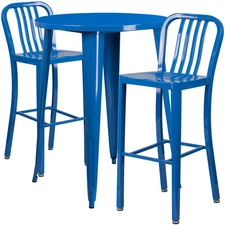 30'' Round Blue Metal Indoor-Outdoor Restaurant Bar Table Set with 2  Barstools