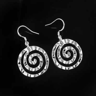 Pretty New Silver Plated Shiny Spiral Circle Shaped Hook Dangle Drop Earrings 