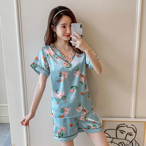 Damen Seide Satin Pyjama Set Kurzarm Nachtwäsche V-Ausschnitt Homewear 2-teilig Pyjama - Bild 15 von 60