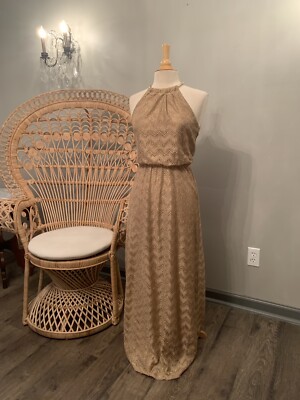 Vintage Gold Metallic Gown Dress Halter Bisou Bisou Michele Bohbot Size 2 |  eBay
