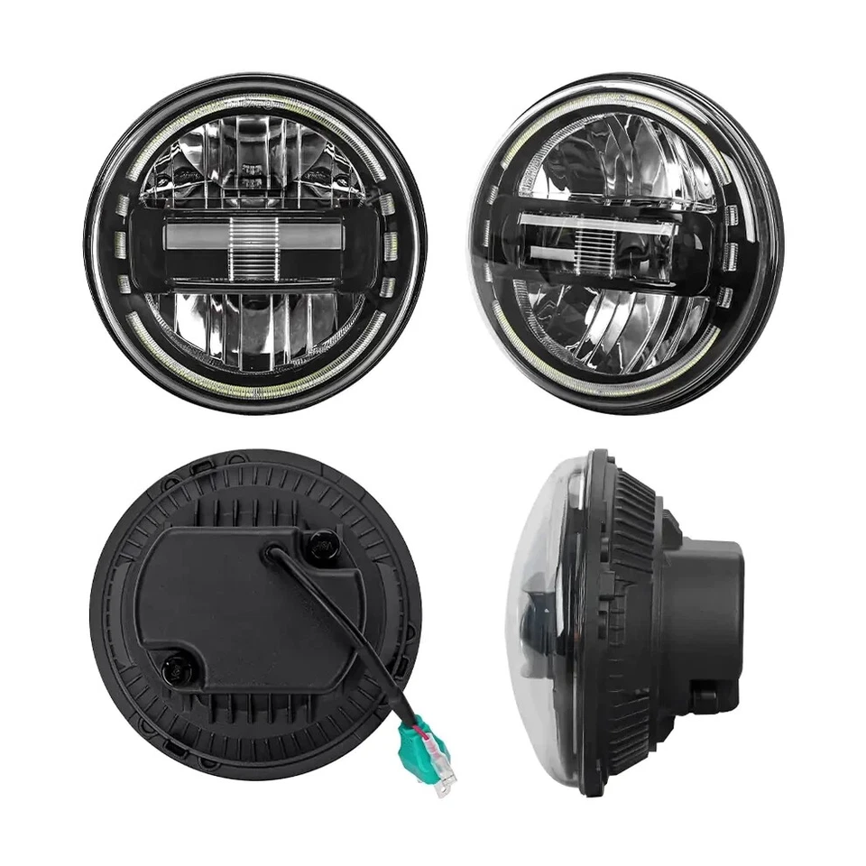 LED Headlights Halo DRL For Jeep Wrangler JK TJ CJ LJ Emark  7" inch Round LHD - Image 2 of 4