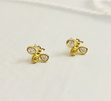 S925 Sterling Silver CZ Gold Tone Cute Honey Bee Stud Earrings