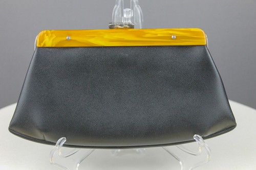 True Vintage Clutch Purse Black Faux Leather 1970er Catalin Handbag 70s - Picture 2 of 7