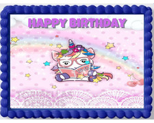Unicorno e Libri Immagine Commestibile Commestibile Buon Compleanno Cake Topper Adesivo Lettura