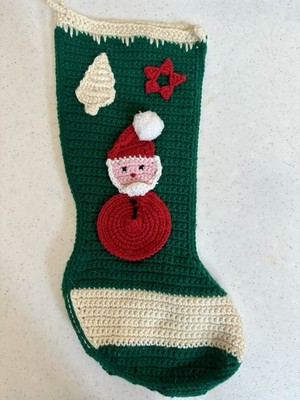 Wool Knit Handmade Santa Christmas Stocking Red Green Vintage