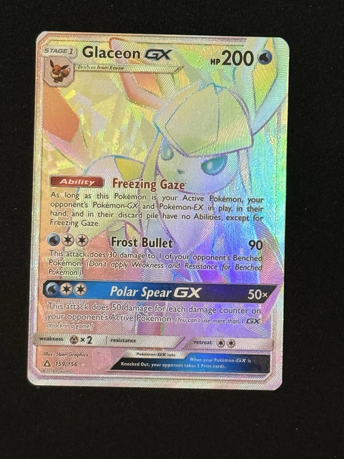 Pokémon Glaceon GX Full Art Rainbow Rare Ultra Prism 159/156 NM
