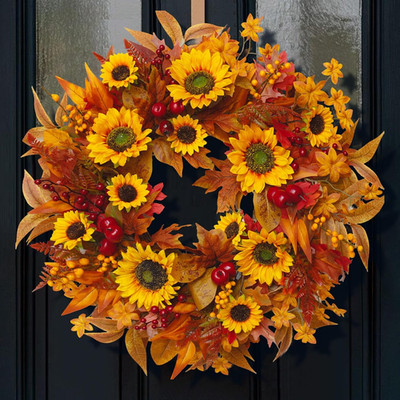 24 Inch Harvest Fall Wreaths for Front Door with Sunflower and Red Berries | Art