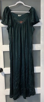 Vintage Vanity Fair Nightgown Size Large Dark Teal Green Floral Bust Long 80s