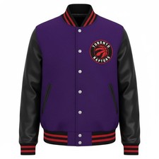 Toronto Raptors Purple Body Black Leather Baseball Jacket Varsity Jacket