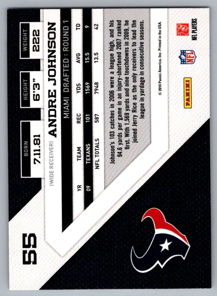 2010 Panini Threads Andre Johnson Houston Texans #55 - Image 2 of 2