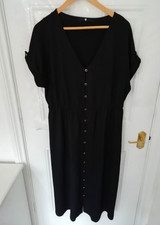 V by Very 18 Black Midi Maxi Dress Button Up Front Textured Elasticated Waist