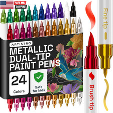 24 Metallic Acrylic Paint Markers - Paint Pens for Drawing, Brush  Fine Tips -
