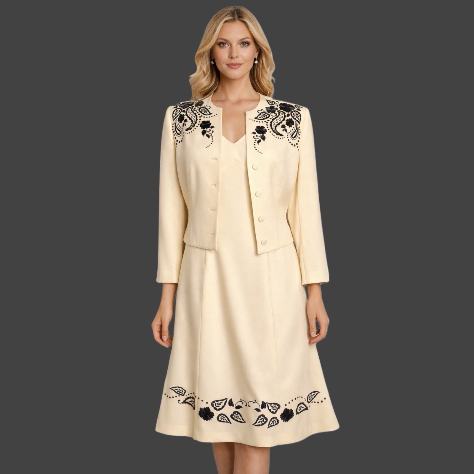 Condici Talla 12 Crema Dos Piezas Traje Bordado Chaqueta y Vestido Boda