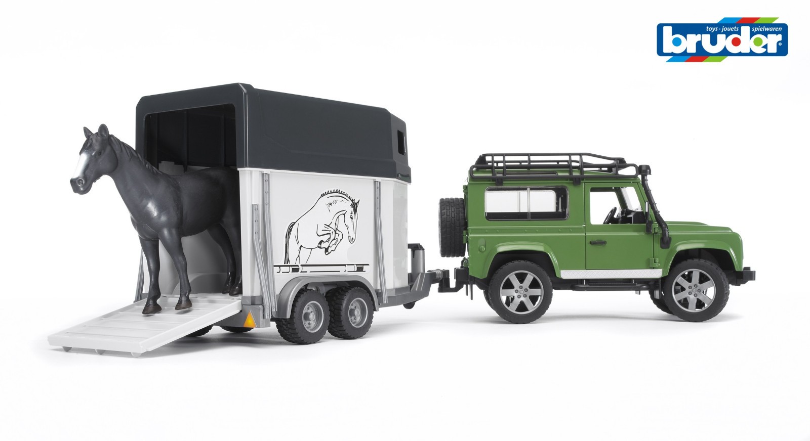 Bruder 02592 Land Rover Defender Station Wagon with Horse Trailer & horse 1:16