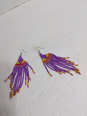 Beaded Earrings Native American Style Purple Yellow Pink Dangle Beads Hook Boho 
