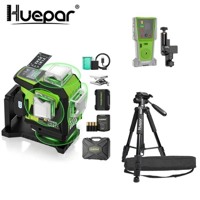Huepar 4x360° Green Self Leveling laser tool with LCD screen + Receiver + Tripod - Image 1 of 4