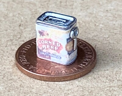 Puppenhaus leer beschriftet Corned Beef Dose und Öffnungsschlüssel Maßstab 1:12 Miniatur