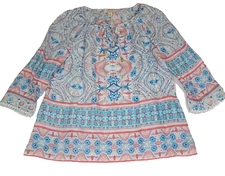 Charter Club Top Womens Medium Petite 100% Linen Floral Abstract Peasent Boho