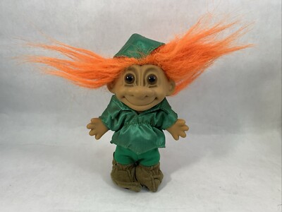 Peter Pan  Troll Doll Vintage Russ 5 Inch Figure Orange Hair Green Elf Outfit