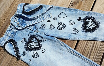 Hand Painted High Rise Cropped Women's Y2K Zebra Heart Lace Punk Kawaii Jeans 