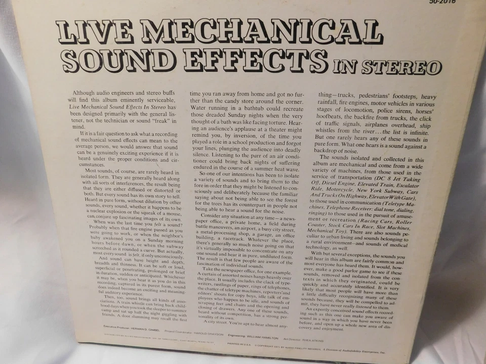 Audio Fidelity Records Realistic Live Mechanical Sound Effects Vinyl LP 1971 Foto 3 de 4