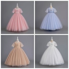 Kid Long Formal Dresses Half Sleeve Sequin Rhinestone Wedding Party Princess