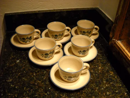 PFALTZGRAFF FOLK ART CUP MUG AND SAUCER #001 Set of 6 USA Tan Blue