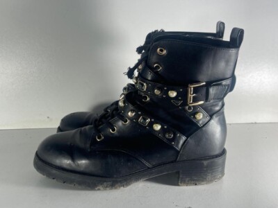 Primark Damen Schwarz Kunstleder Schnürstiefelette Stiefel UK 7 EU 40 -B86