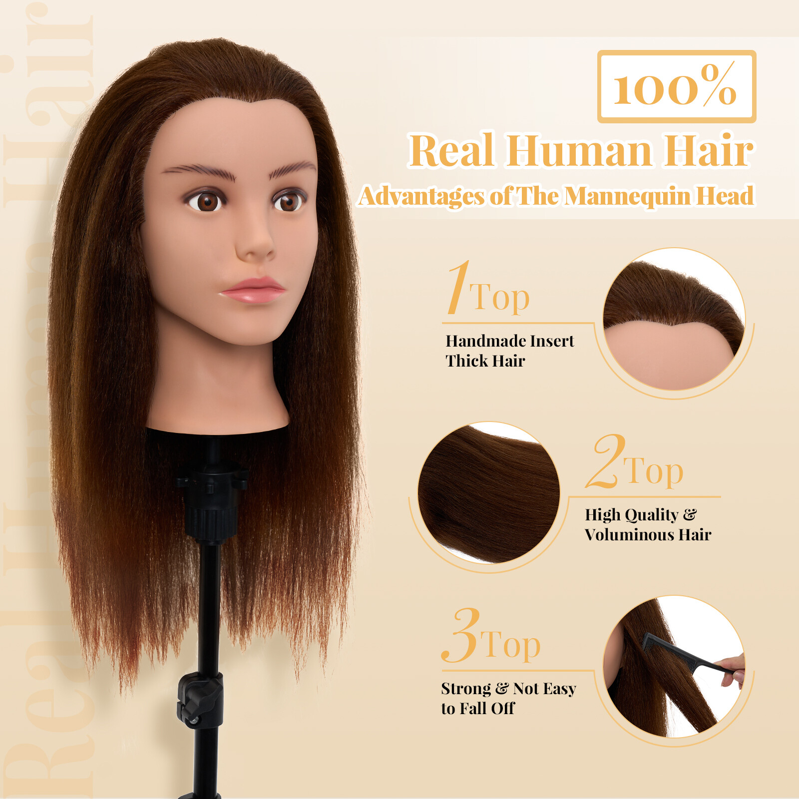 16'' 100 Real Human Hair Training Head Hairdressing Styling Mannequin