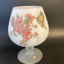 Vintage 8” Frosted Wine Goblet Candle Holder Butterfly Florals Pedestal