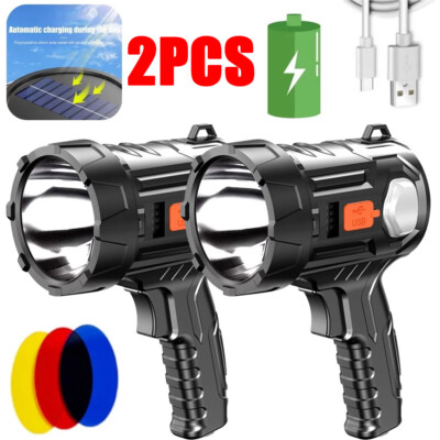 2PCS Solar/USB Rechargeable LED Spotlight Flashlight Searchlight 900000LM Bright