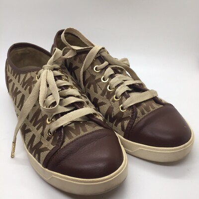 Michael Kors MK Logo City Sneakers Canvas Leather Size Beige/Brown 