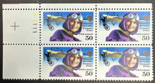 US C128 HARRIET QUIMBY, PILOT 1991 (AIR MAIL) SHEET  "PLATE # BLOCK OF 4" MNH/OG - Picture 1 of 1