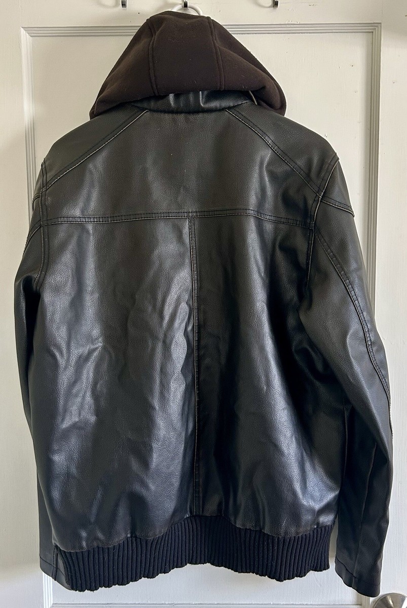 Guess Black Removable Hood Bomber Jacket Faux Leather