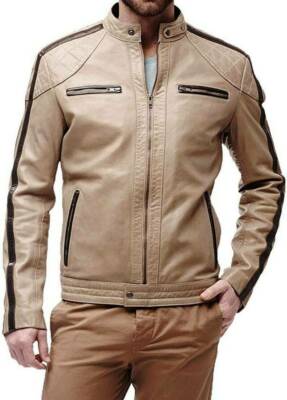Men's Genuine Lambskin Leather Biker Soft Decent New Beige Motorcycle Jacket